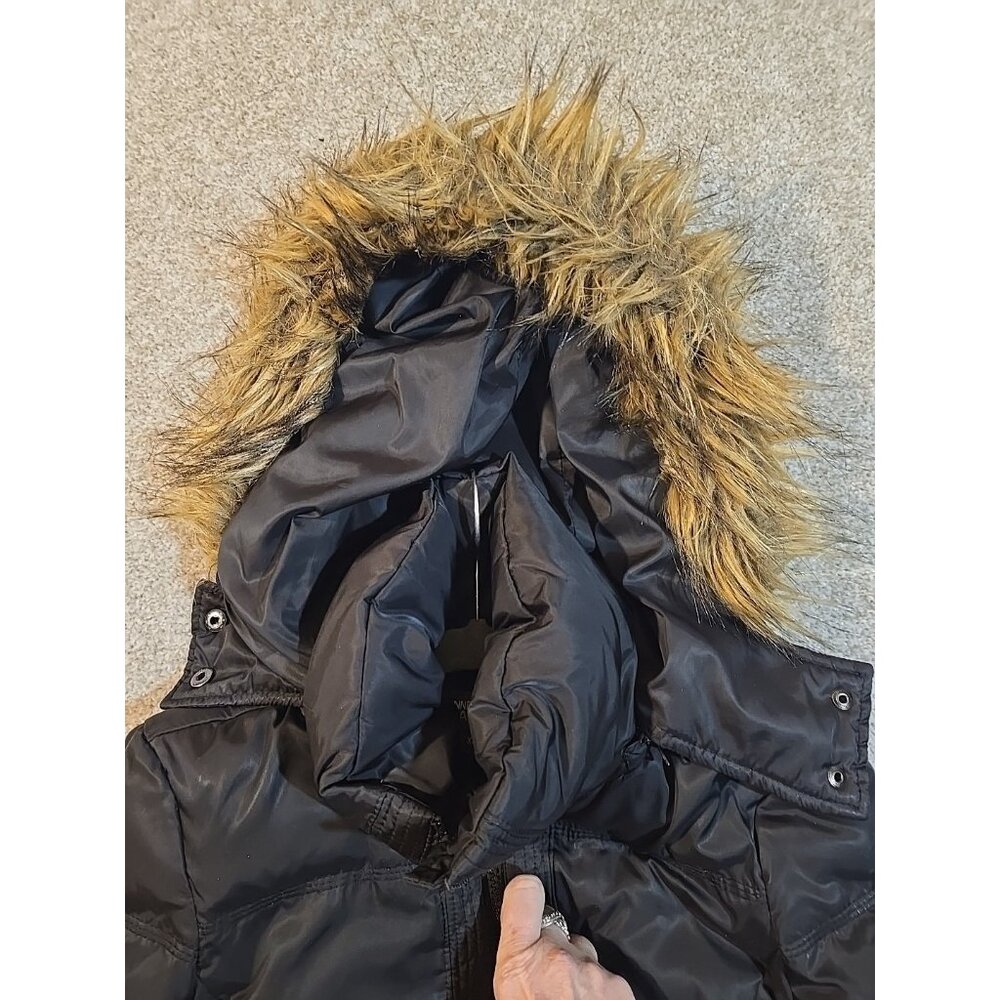 Kenneth Cole Reaction Down Hooded Puffer Coat Full Zip Chevron Black Quilted XS - Picture 15 of 16